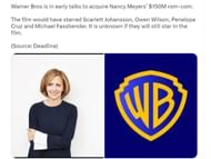 A still of the Twitter post regarding the news of Warner Bros. potentially taking under Nancy Meyers' new rom-com movie (Image Via Twitter)